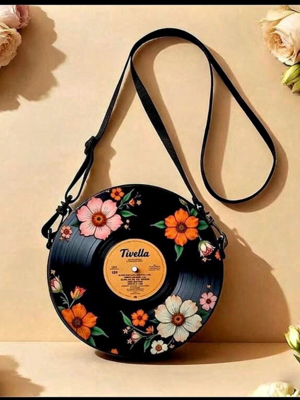 Vintage Vinyl Record Crossbody Bag Floral Black Crossbody Bag